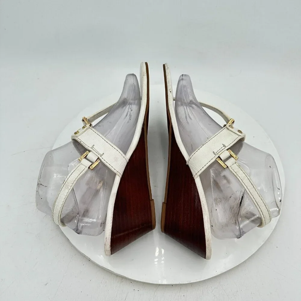 Tory Burch Women Size 8.5M White Leather Robinson T Strap Wedges Sandal